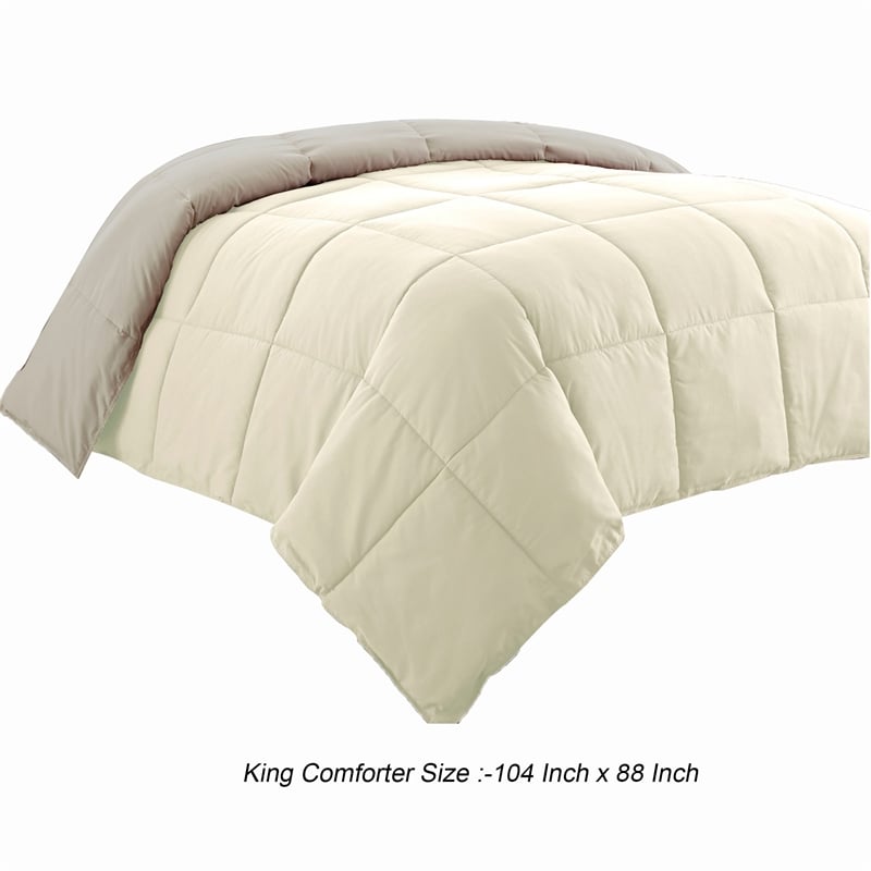 Beth Reversible Microfiber King Comforter- Squared Stitching- Ivory- Beige