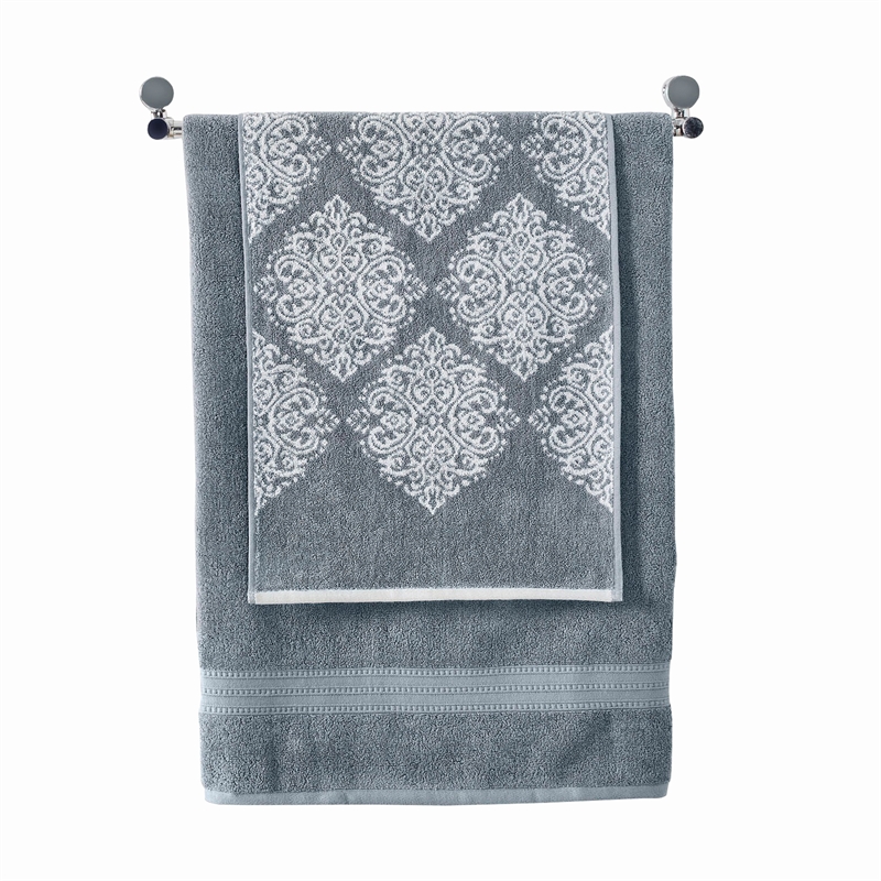 Eula Modern 6 Piece Cotton Towel Set- Stylish Damask Pattern- Slate Blue