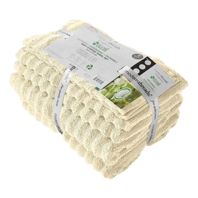 Cora 6 Piece Soft Egyptian Cotton Towel Set- Classic Textured Design- Cream