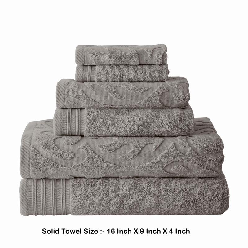 Oya 6 Piece Soft Egyptian Cotton Towel Set- Solid Medallion Pattern- Gray