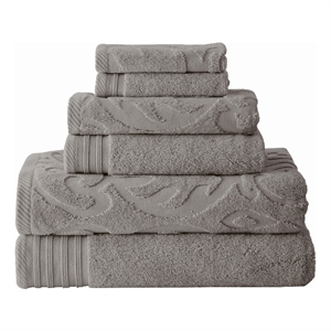 Oya 6 Piece Soft Egyptian Cotton Towel Set- Solid Medallion Pattern- Gray