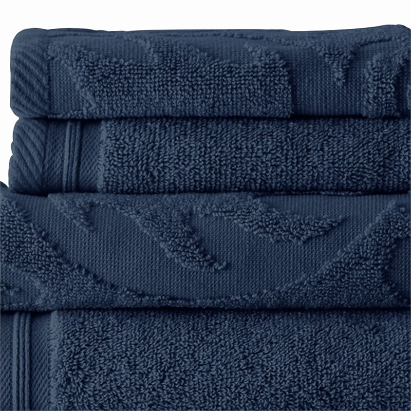 Oya 6 Piece Soft Egyptian Cotton Towel Set- Medallion Pattern- Navy Blue