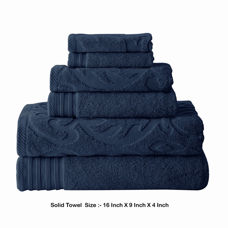 Oya 6 Piece Soft Egyptian Cotton Towel Set- Medallion Pattern- Navy Blue