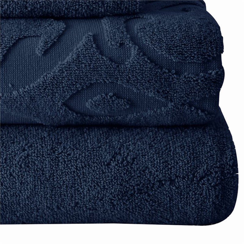 Oya 6 Piece Soft Egyptian Cotton Towel Set- Medallion Pattern- Navy Blue