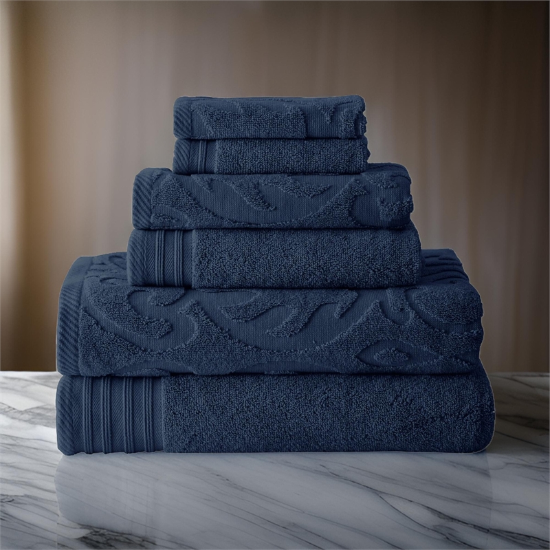 Oya 6 Piece Soft Egyptian Cotton Towel Set- Medallion Pattern- Navy Blue