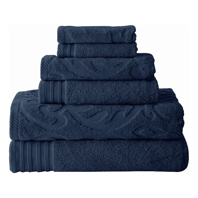 Oya 6 Piece Soft Egyptian Cotton Towel Set- Medallion Pattern- Navy Blue