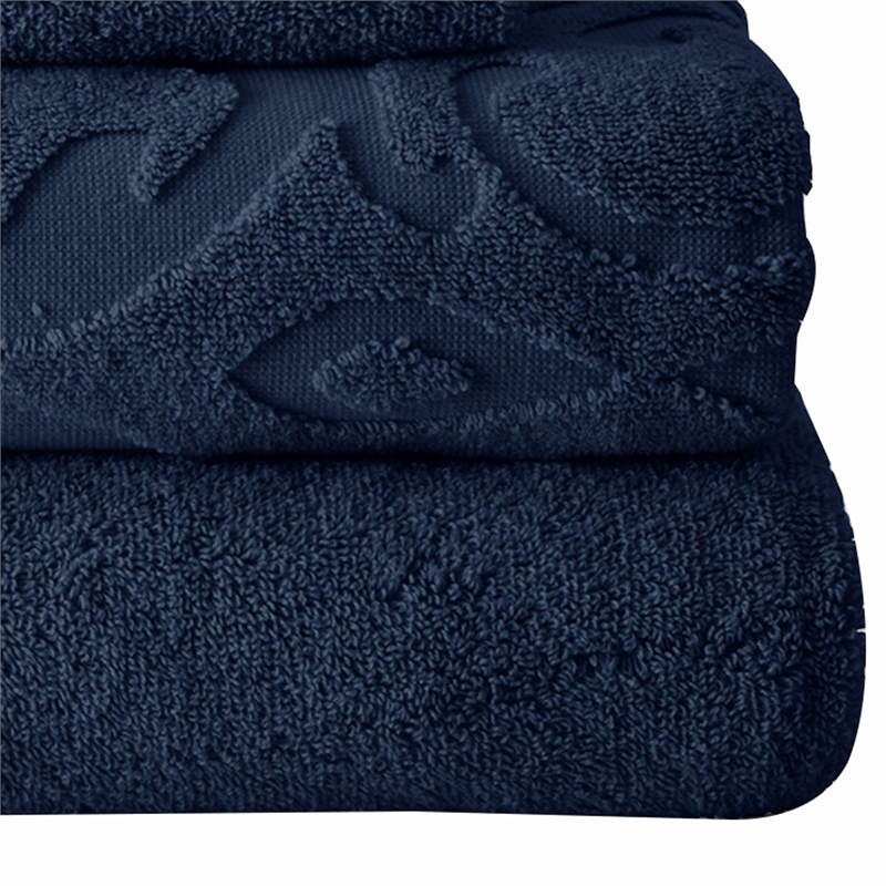 Oya 6 Piece Soft Egyptian Cotton Towel Set- Medallion Pattern- Navy Blue