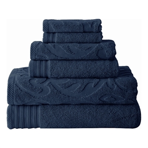 Oya 6 Piece Soft Egyptian Cotton Towel Set- Medallion Pattern- Navy Blue