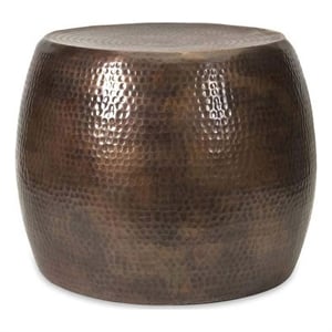 20 Inch Classic Iron Low Accent Table- Round Top- Drum Shape- Brown