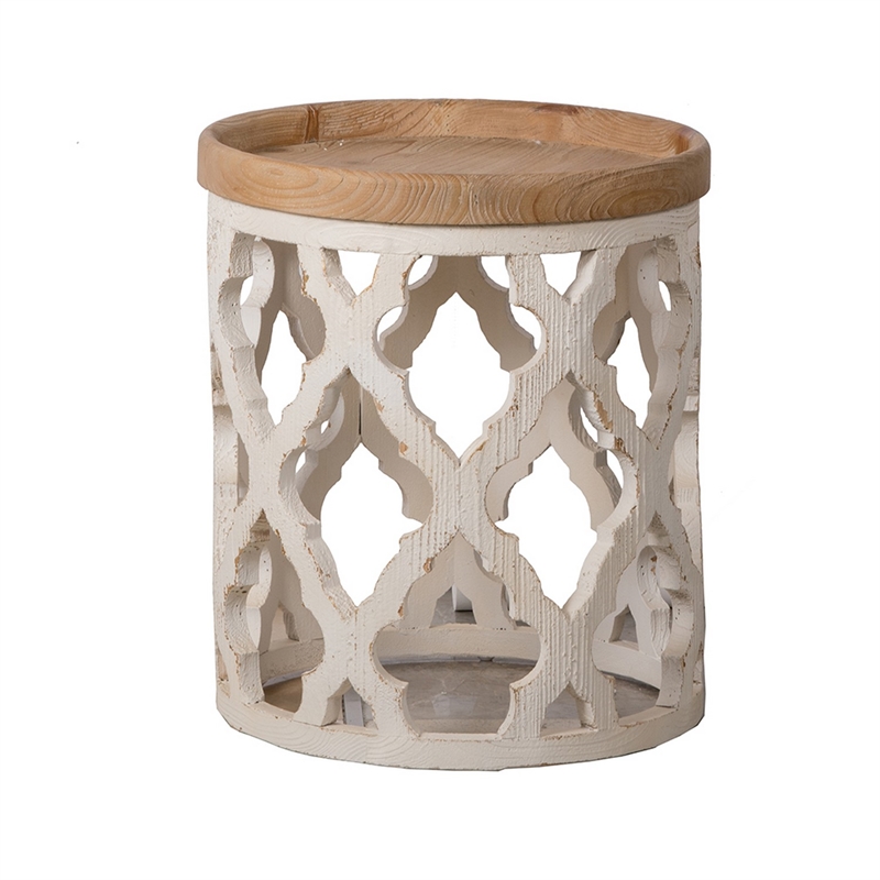 23 Inch Side Table- Vintage Wood Cutout Design- Round Top- Brown- Cream