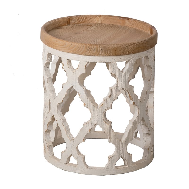 23 Inch Side Table- Vintage Wood Cutout Design- Round Top- Brown- Cream