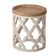 23 Inch Side Table- Vintage Wood Cutout Design- Round Top- Brown- Cream