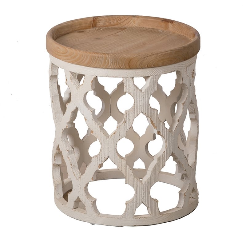 23 Inch Side Table- Vintage Wood Cutout Design- Round Top- Brown- Cream