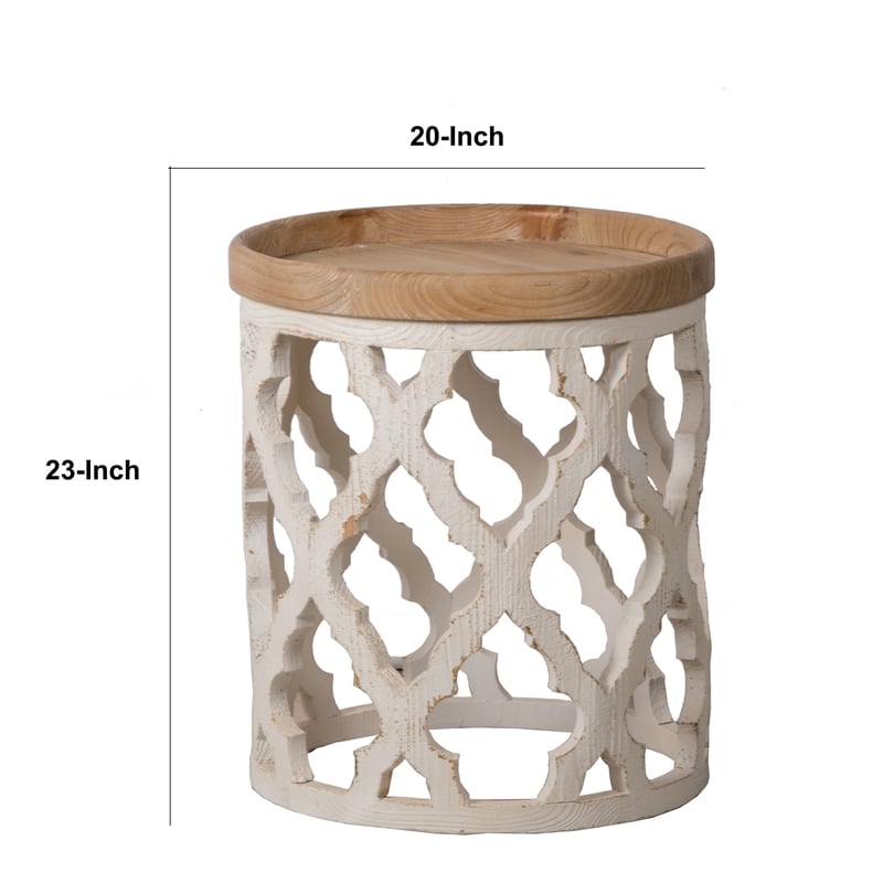 23 Inch Side Table- Vintage Wood Cutout Design- Round Top- Brown- Cream