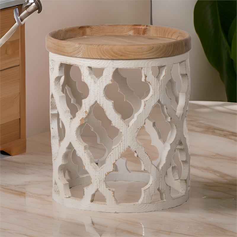 23 Inch Side Table- Vintage Wood Cutout Design- Round Top- Brown- Cream