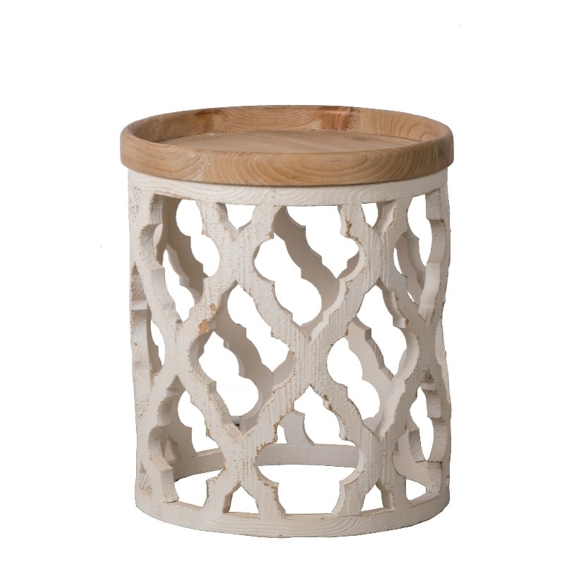 23 Inch Side Table- Vintage Wood Cutout Design- Round Top- Brown- Cream
