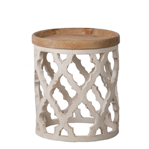 23 Inch Side Table- Vintage Wood Cutout Design- Round Top- Brown- Cream