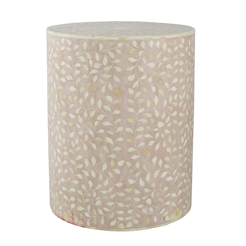20 Inch Round Side End Table- Filigree Bone Inlay- Wood- Pale Pink- White