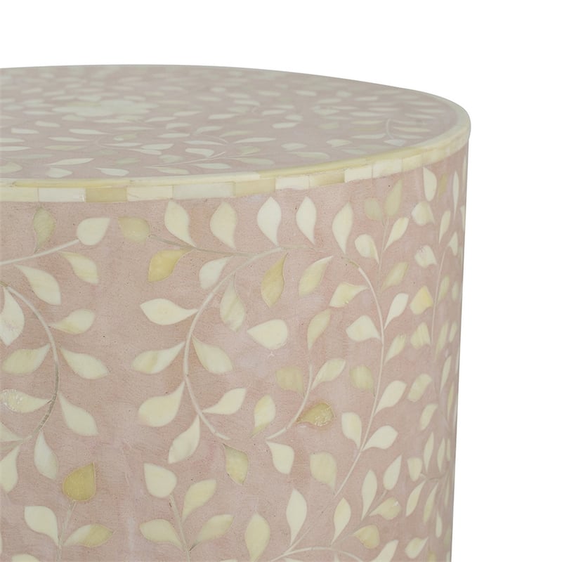 20 Inch Round Side End Table- Filigree Bone Inlay- Wood- Pale Pink- White