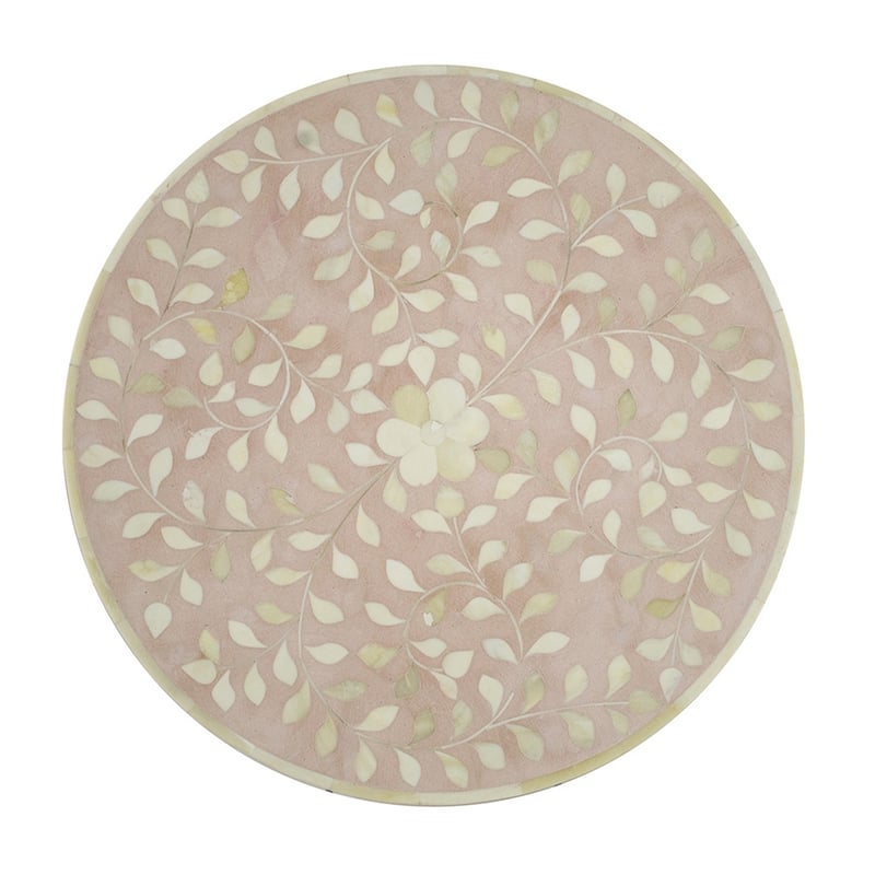20 Inch Round Side End Table- Filigree Bone Inlay- Wood- Pale Pink- White