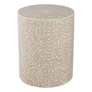 20 Inch Round Side End Table- Filigree Bone Inlay- Wood- Pale Pink- White