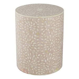 20 Inch Round Side End Table- Filigree Bone Inlay- Wood- Pale Pink- White