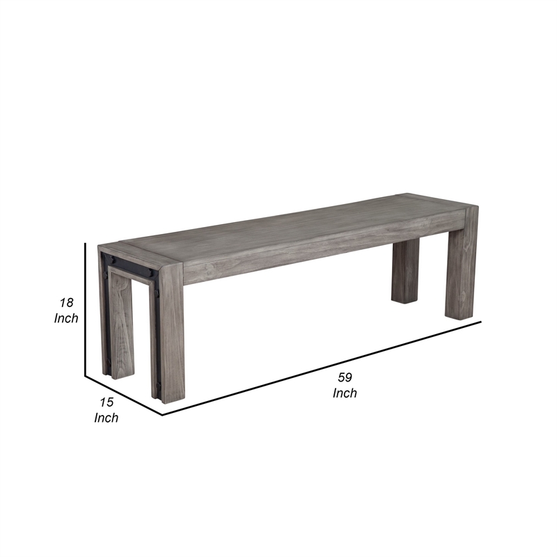 Ebb 59 Inch Rectangular Dining Bench- Faux Metal Inset- Handcrafted- Gray