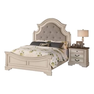 Lupe King Size Bed- Gray Upholstered Scalloped Frame- Antique White Finish