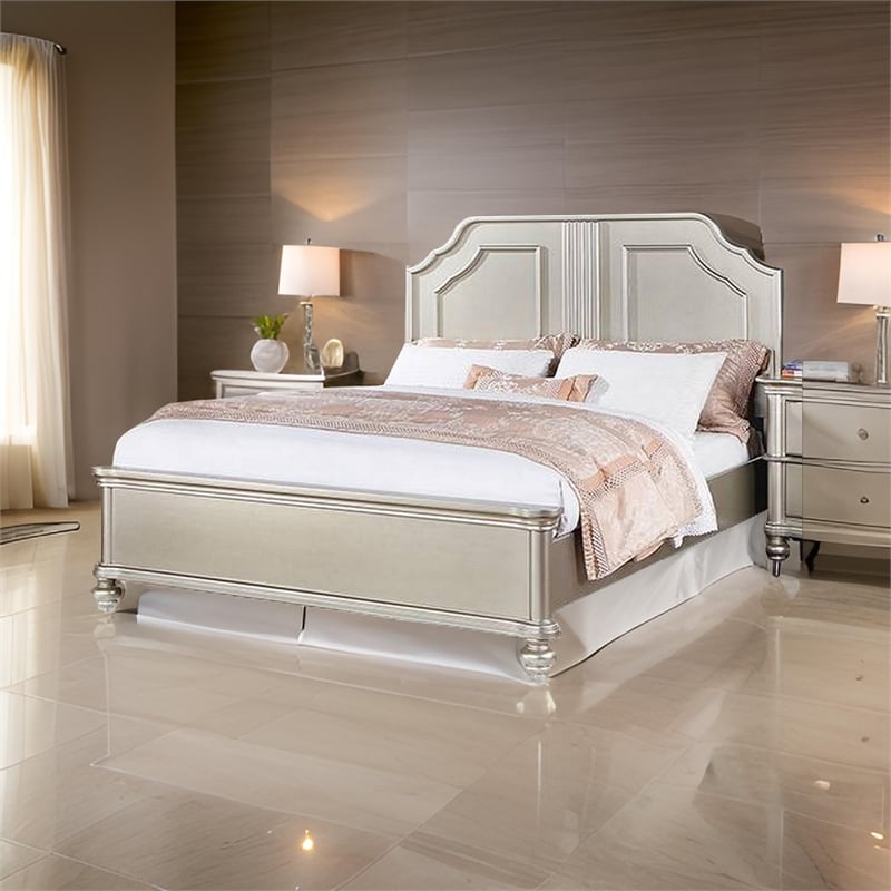 Opp Platform King Size Bed with Curved Panel Headboard- Champagne Silver