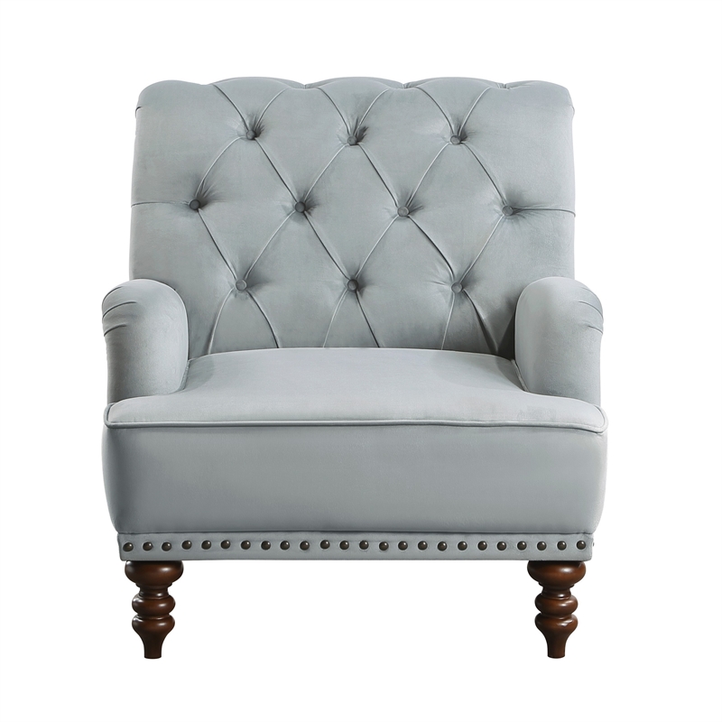 Parry 34 Inch Tufted Accent Chair- Gray Velvet Fabric- Brown Turned Legs