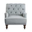 Parry 34 Inch Tufted Accent Chair- Gray Velvet Fabric- Brown Turned Legs