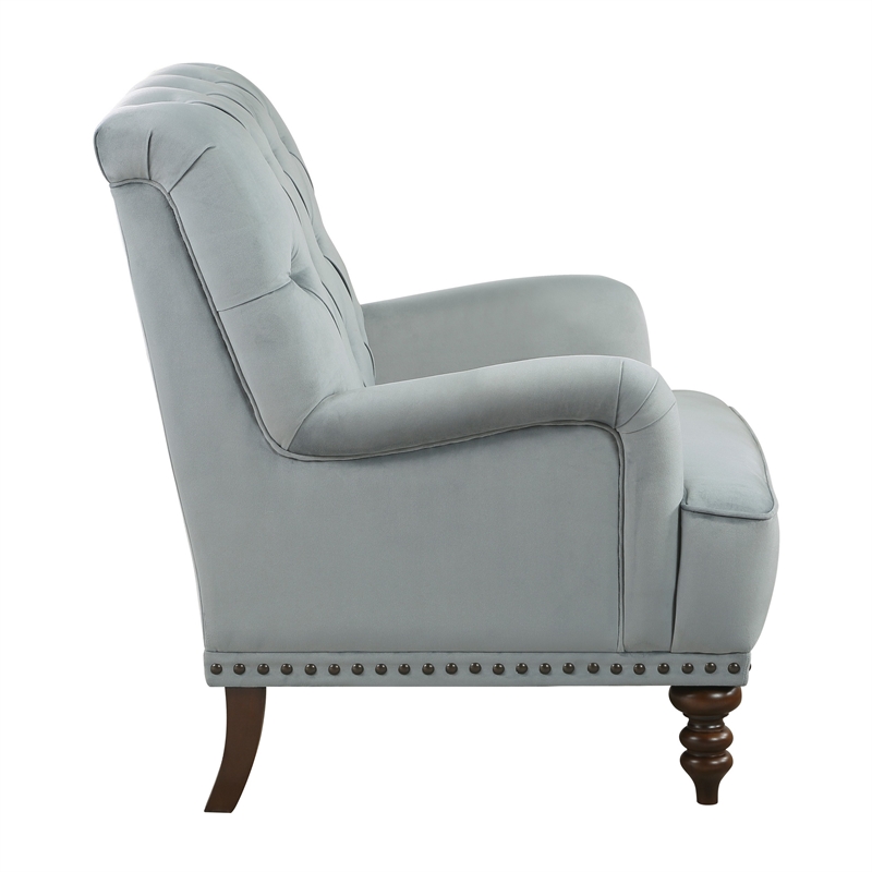 Parry 34 Inch Tufted Accent Chair- Gray Velvet Fabric- Brown Turned Legs