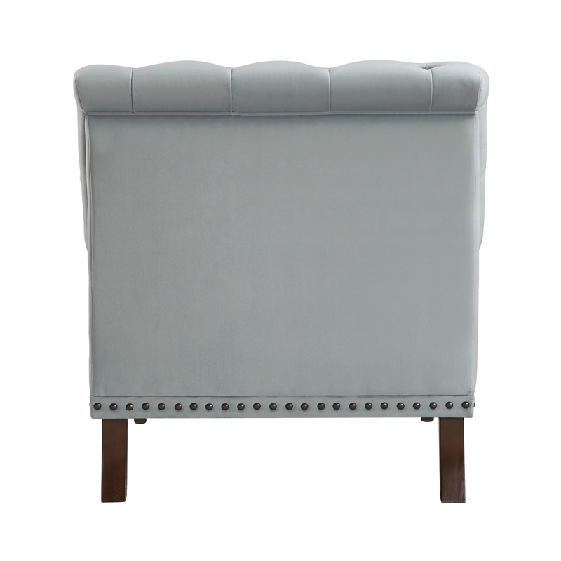 Parry 34 Inch Tufted Accent Chair- Gray Velvet Fabric- Brown Turned Legs