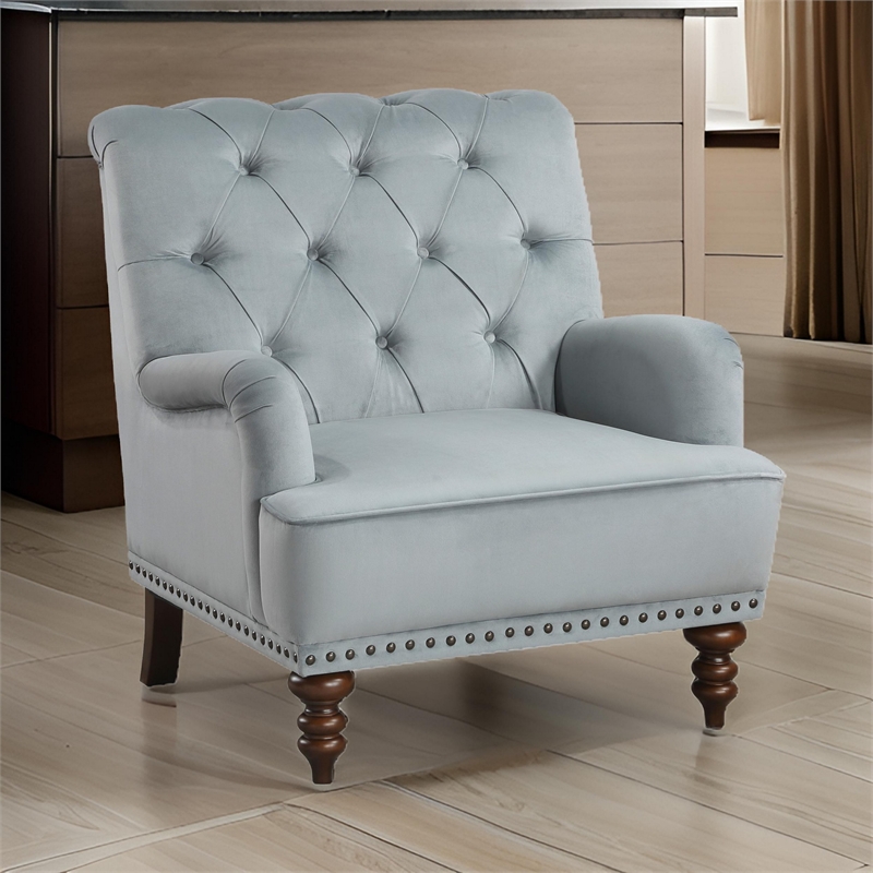 Parry 34 Inch Tufted Accent Chair- Gray Velvet Fabric- Brown Turned Legs