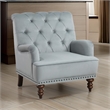 Parry 34 Inch Tufted Accent Chair- Gray Velvet Fabric- Brown Turned Legs