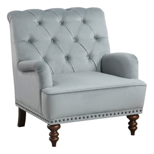 Parry 34 Inch Tufted Accent Chair- Gray Velvet Fabric- Brown Turned Legs