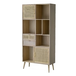 Dana 75 Inch Bookcase- 6 Unique Shelves- 4 Rattan Drawers- Natural Brown