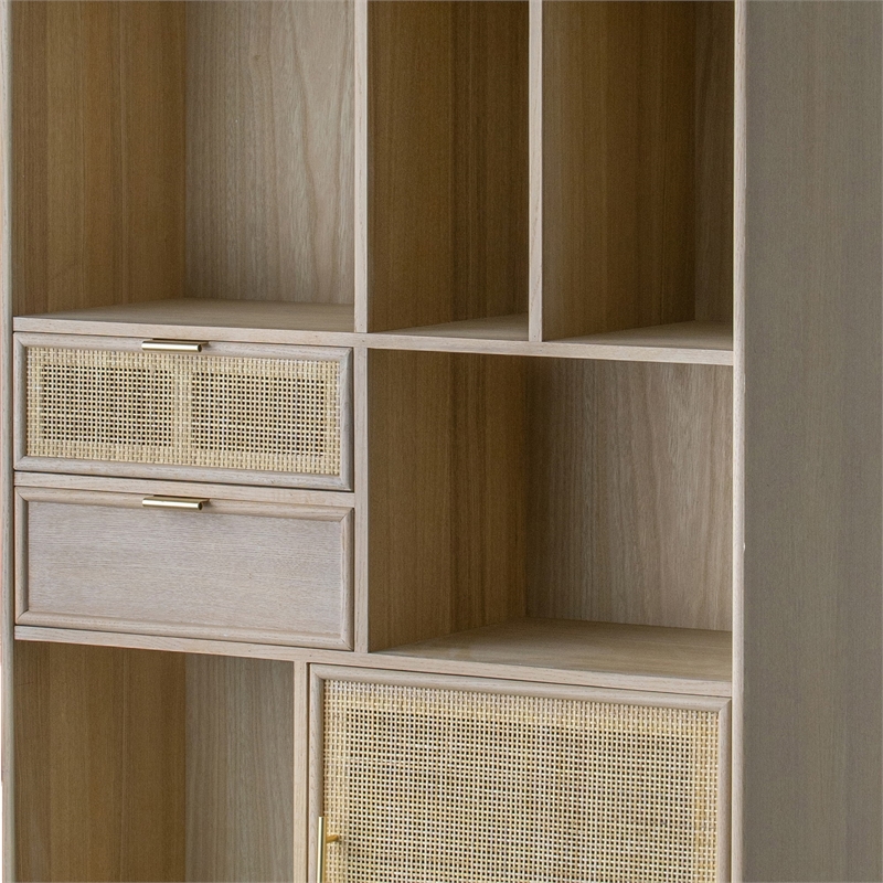 Dana 75 Inch Bookcase- 6 Unique Shelves- 4 Rattan Drawers- Natural Brown