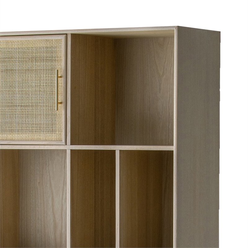 Dana 75 Inch Bookcase- 6 Unique Shelves- 4 Rattan Drawers- Natural Brown
