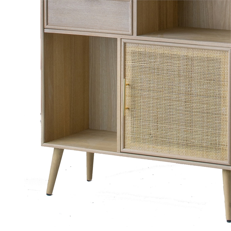 Dana 75 Inch Bookcase- 6 Unique Shelves- 4 Rattan Drawers- Natural Brown