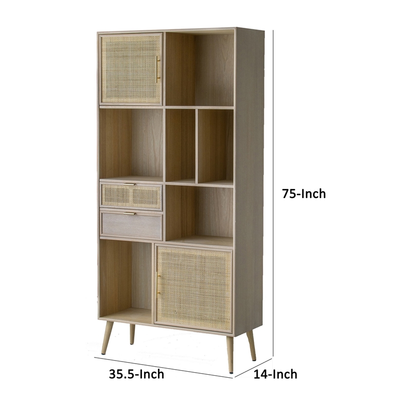 Dana 75 Inch Bookcase- 6 Unique Shelves- 4 Rattan Drawers- Natural Brown