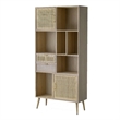 Dana 75 Inch Bookcase- 6 Unique Shelves- 4 Rattan Drawers- Natural Brown