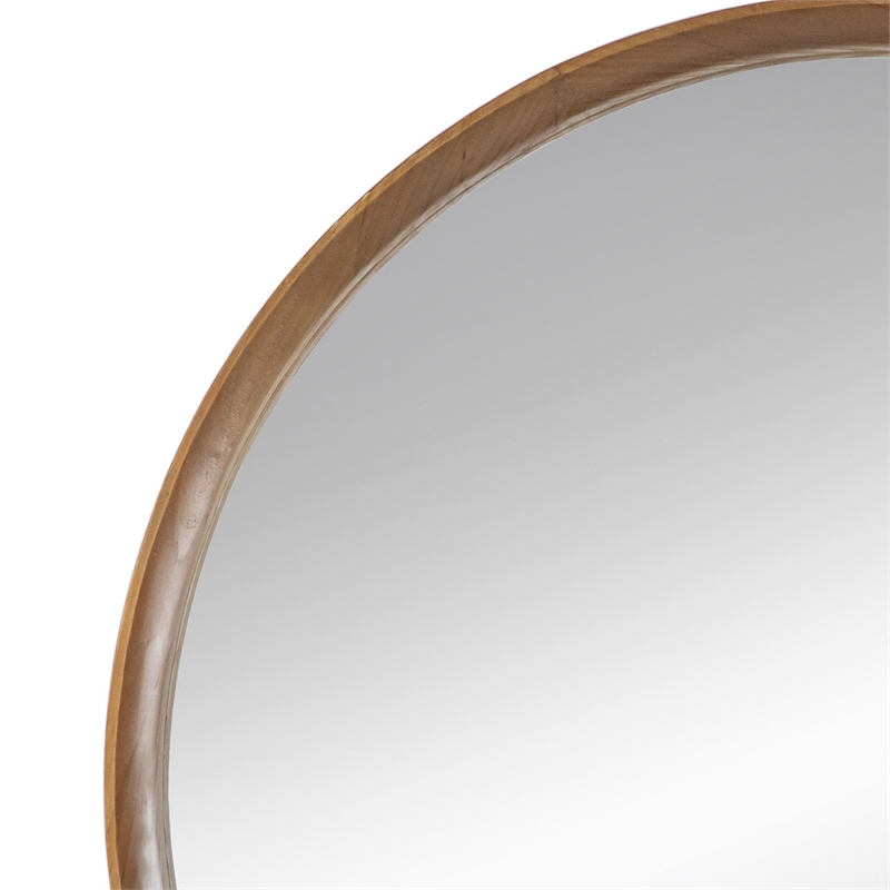 Roe 32 Inch Wall Mounted Round Mirror- Modern Brown Pine Wood Frame