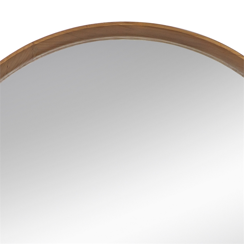 Roe 32 Inch Wall Mounted Round Mirror- Modern Brown Pine Wood Frame