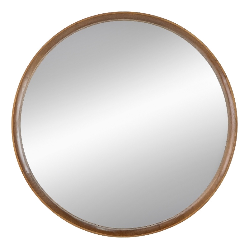 Roe 32 Inch Wall Mounted Round Mirror- Modern Brown Pine Wood Frame