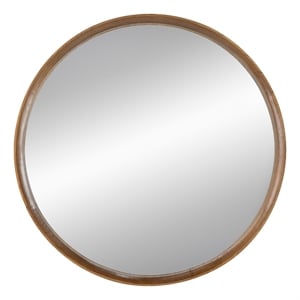Roe 32 Inch Wall Mounted Round Mirror- Modern Brown Pine Wood Frame