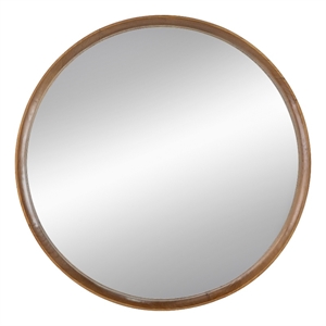 Roe 32 Inch Wall Mounted Round Mirror- Modern Brown Pine Wood Frame