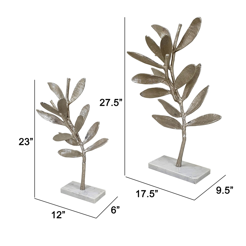 28- 23 Inch Set of 2 Metal Statuettess- Decorative Accent Olive Tree- White