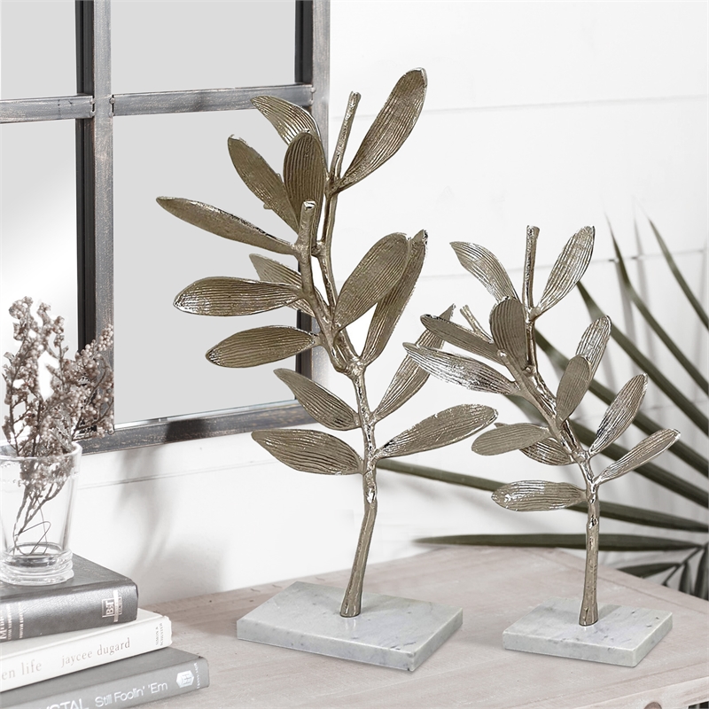28- 23 Inch Set of 2 Metal Statuettess- Decorative Accent Olive Tree- White