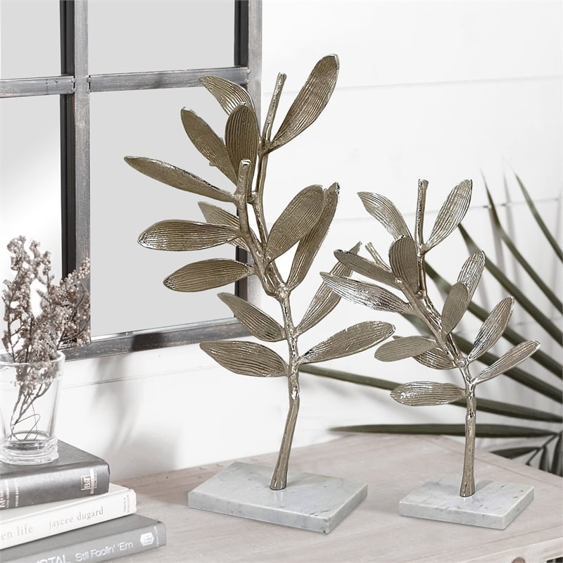 28- 23 Inch Set of 2 Metal Statuettess- Decorative Accent Olive Tree- White